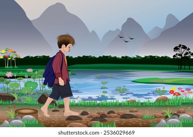 A country boy is walking in a pond with a mountain background vector design.