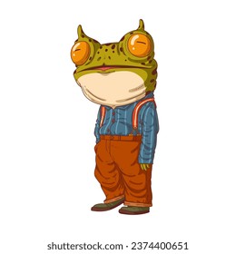 Country boy,vector illustration. Elegant anthropomorphic frog standing still, looking forward. Humanized frog. Animal character with human body	