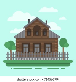 Country brawn house with trees and fence. Colorful village russian old house. Countryside colored wood house. Cute outback hut with decoration, grass. Vector illustration art with blockhouse.