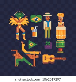 Country Brazil culture symbols pixel art icons set part 1, drum, maracas and man and woman with national costume, capoeira dancer. Design concept for banner, card, t-shirt, poster. Vector illustration