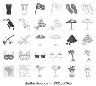 Country Brazil monochrome,outline icons in set collection for design. Travel and attractions Brazil vector symbol stock web illustration.