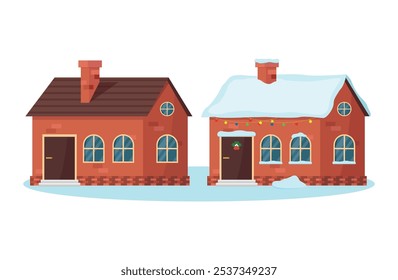 Country brick house with brown roof and house covered with snow with Christmas decorations.