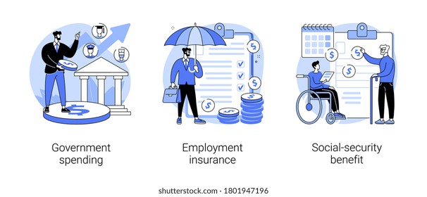 Country budget abstract concept vector illustration set. Government spending, employment insurance, social-security benefit, sickness benefit, retirement insurance, disability abstract metaphor.