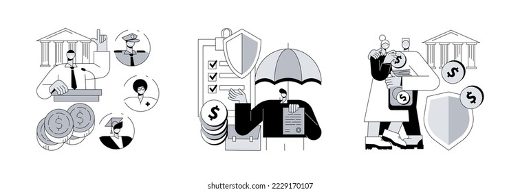 Conjunto de ilustraciones vectoriales del concepto abstracto del presupuesto del país. Gasto público, seguro de empleo, prestación de seguridad social, prestación por enfermedad, seguro de jubilación, metáfora abstracta de discapacidad.