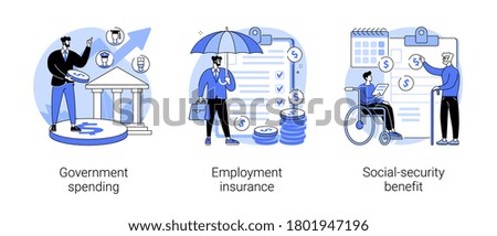 Country budget abstract concept vector illustration set. Government spending, employment insurance, social-security benefit, sickness benefit, retirement insurance, disability abstract metaphor.