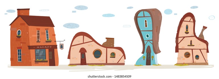 Country Buildings Set. Vector Brick Market, Houses with Straw Roofs and Chimneys. Farmland Architecture. Traditional and Vintage Constructions. Rustic Real Estate. Trendy Craft Design Illustration