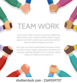 Country business join. Diversity countries and peoples joining, people uniting, united support concept, supportive unity group, cooperating team hands vector illustration