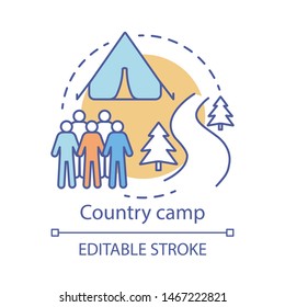 Country camp concept icon. Summer hiking and camping club, holiday resort idea thin line illustration. Travelling in woods, backpacking in forest. Vector isolated outline drawing. Editable stroke
