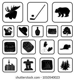 Country Canada black icons in set collection for design. Canada and landmark vector symbol stock web illustration.