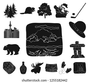 Country Canada black icons in set collection for design. Canada and landmark vector symbol stock web illustration.