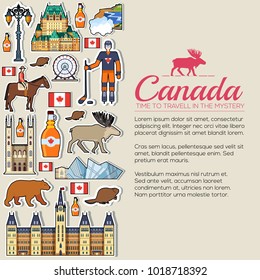 Country Canada travel vacation guide of goods, places and features. Set of architecture, fashion, people, items, nature background concept. Infographic template design on sticker flat style