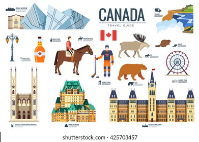 Country Canada travel vacation guide of goods, places and features. Set of architecture, fashion, people, items, nature background concept. Infographic template design for web and mobile on flat style