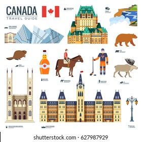 Country Canada travel vacation guide of goods, places and features. Set of architecture, fashion, people, items, nature background concept. Infographic template design for web and mobile on flat style