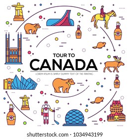 Country Canada travel vacation infographic of place and feature. Set of architecture, fashion, people, item, nature background concept. Infographic traditional ethnic flat, outline, thin line 