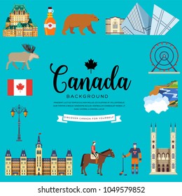 Country Canada travel vacation infographic of place and feature. Set of architecture, fashion, people, item, nature background concept. Infographic traditional ethnic flat, outline, thin line .