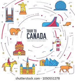 Country Canada travel vacation infographic of place and feature. Set of architecture, fashion, people, item, nature background concept. Infographic traditional ethnic flat, outline, thin line .