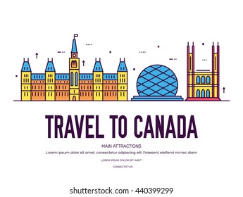 Country Canada travel vacation of place and feature. Set of architecture, item, nature background concept. Infographic traditional ethnic flat, outline, thin line icon