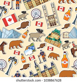 Country Canada travel vacation places and features. Set of architecture, fashion, people, items, nature background concept. Infographic template sticker seamless pattern