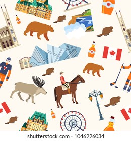 Country Canada travel vacation places and features. Set of architecture, fashion, people, items, nature background concept. Infographic template sticker seamless pattern