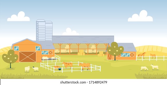 Country Cattle Farm with different Domestic Animal. Separate Corral for Different Animal, Cow with Bull, Pig, Horse and Mule. Sheep with Ram Graze in Meadow. Haystack for Feeding Livestock in Barn.