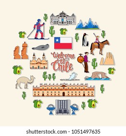 Country Chile sticker guide of goods, places and features. Set of outline architecture, fashion, people, items, nature background concept