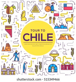 Country Chile thin line guide of goods, places and features. Set of outline architecture, fashion, people, items, nature background concept. Infographic template design for web and mobile