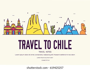 Country Chile thin line guide of goods, places and features. Set of outline architecture, fashion, people, items, nature background concept. Infographic template design for web and mobile