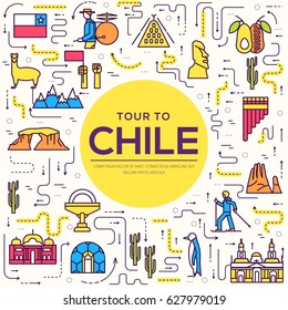Country Chile thin line guide of goods, places and features. Set of outline architecture, fashion, people, items, nature background concept. Infographic template design for web and mobile