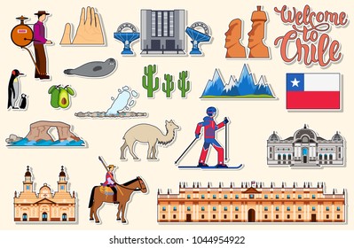 Country Chile travel vacation guide of goods, places and features. Set of architecture, fashion, people, items, nature background concept. Infographic template design for web and mobile on flat style.