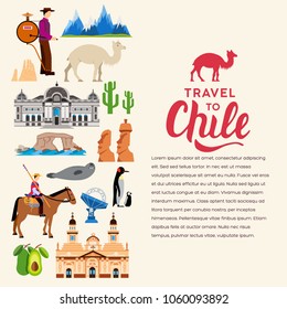 Country Chile travel vacation guide of goods, places and features. Set of architecture, fashion, people, items, nature background concept. Infographic template design 