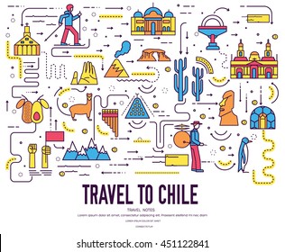 Country Chili travel vacation infographic of place and feature. Set of architecture, fashion, people, item, nature background concept. Infographic traditional ethnic flat, outline, thin line icon