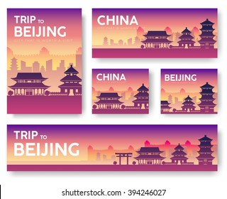 Country China landscape vector banners. Set of architecture, fashion, people, items, nature background concept. Infographic template design for web and mobile on flat icon style