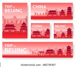 Country China landscape vector banners. Set of architecture, fashion, people, items, nature background concept. Infographic template design for web and mobile on flat icon style