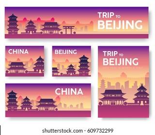 Country China landscape vector banners. Set of architecture, fashion, people, items, nature background concept. Infographic template design for web and mobile on flat icon style