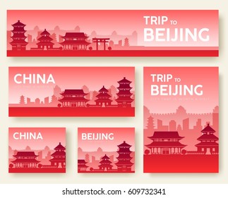 Country China landscape vector banners. Set of architecture, fashion, people, items, nature background concept. Infographic template design for web and mobile on flat icon style