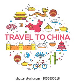 Country China travel vacation guide of goods, places in thin lines style design. Set of architecture, fashion, people, nature background concept. Infographic template for web and mobile on vector flat