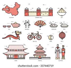 Country China travel vacation guide of goods, places in thin lines style design. Set of architecture, fashion, people, nature background concept. Infographic template for web and mobile on vector flat