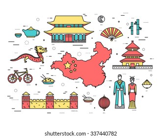 Country China travel vacation guide of goods, places in thin lines style design. Set of architecture, fashion, people, nature background concept. Infographic template for web and mobile on vector flat