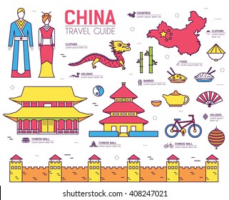 Country China travel vacation guide of goods, place and feature. Set of architecture, fashion, people, item, nature background concept. Infographic traditional ethnic flat, outline, thin line icon