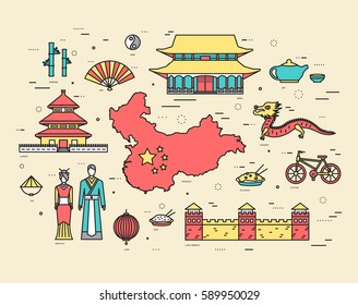 Country China travel vacation guide of goods, places in thin lines style design. Set of architecture, fashion, people, nature background concept. Infographic template for web and mobile on vector flat