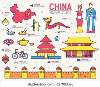 Country China travel vacation guide of goods, place and feature. Set of architecture, fashion, people, item, nature background concept. Infographic traditional ethnic flat, outline, thin line icon