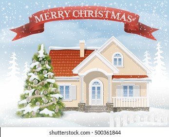 Country Christmas scene with the suburban house and the fir tree. Rural winter landscape with snow drifts and falling snow. Vector realistic illustration background for greeting card Happy New Year.