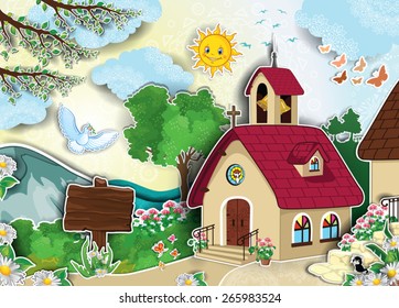 Country church and bell tower in landscape adhesive effect-Transparency blending effects and gradient mesh-EPS 10