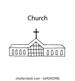 Country Church illustration. Outline stock vector sketch, isolated on white background