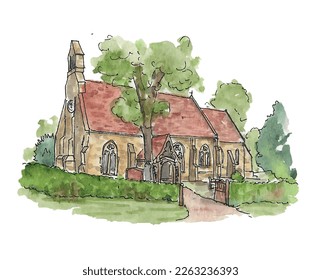 Country church, red roof, stone, rural. Christ Church Cold Harbour, Surrey. Watercolor sketch illustration. Isolated vector.
