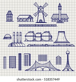 Country and city archetictural objects on notebook background vector