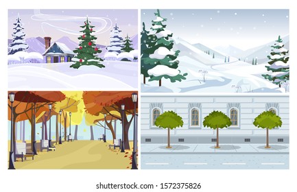 Country and city view flat vector illustration set. Forest, mountains, park, street. Tourism and nature concept