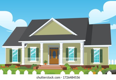 Country cottage. Front of the house and garden. House with a lawn. Cartoon style background. Vector detailed illustration.