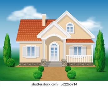 Country cottage. Front of the house and garden. Grassy lawn and of thuja. Vector detailed illustration.