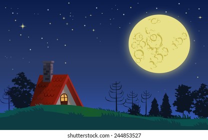 Country cottage in full moon starry night landscape